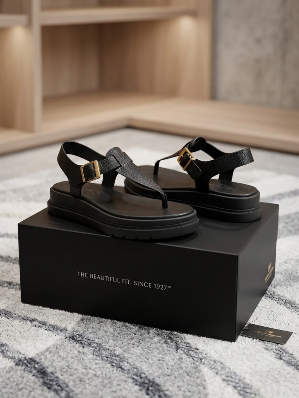 Naturalizer Black Leather Thong Sandals with Gold Buckle